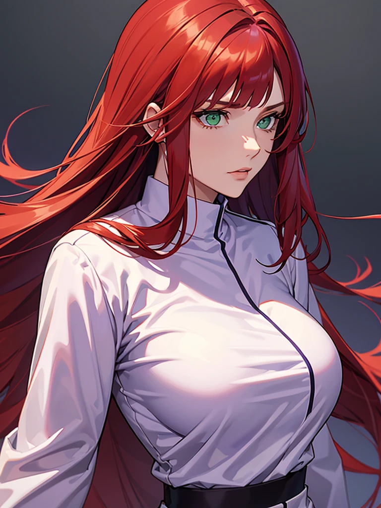 green eyes, red hair with long bangs, noble. sadistic women, wavy long hair. strong woman. purple outfit. she quiet. wear white jacket and purple t shirt