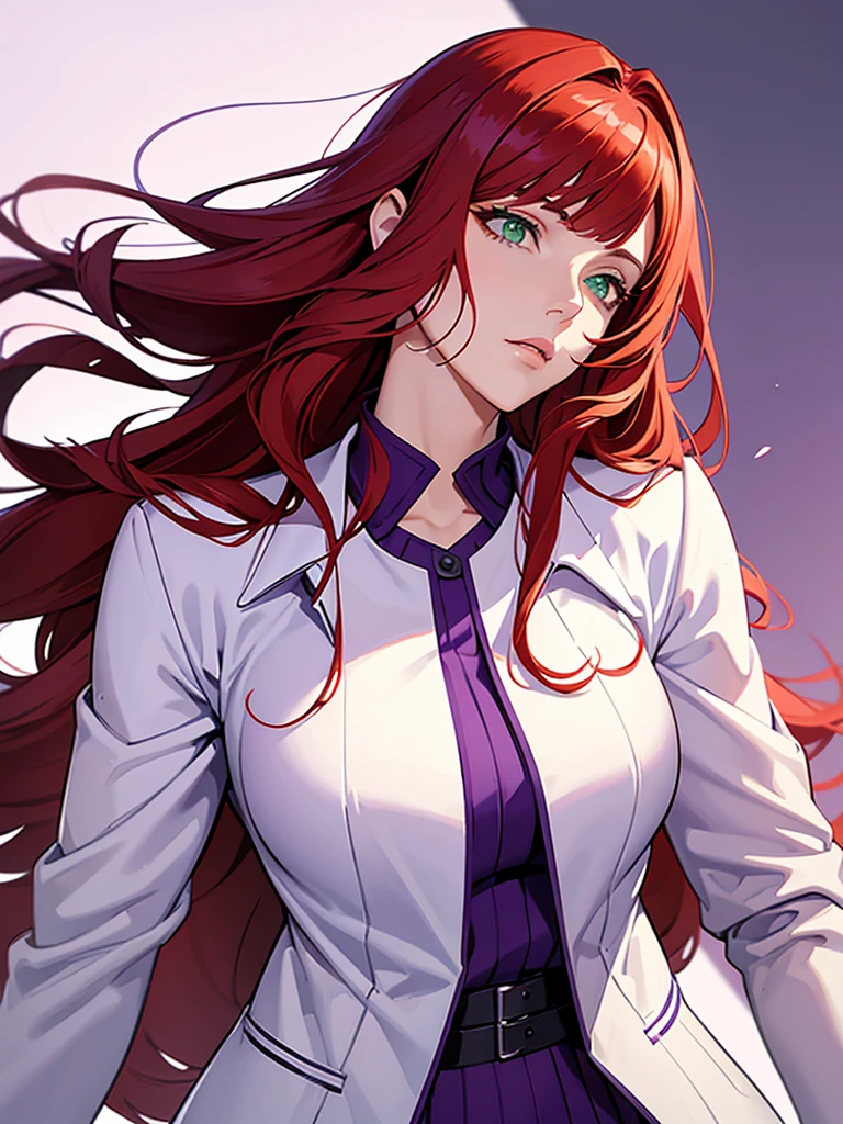 green eyes, red hair with long bangs, noble. sadistic women, wavy long hair. strong woman. purple outfit. she quiet. wear white jacket and purple t shirt