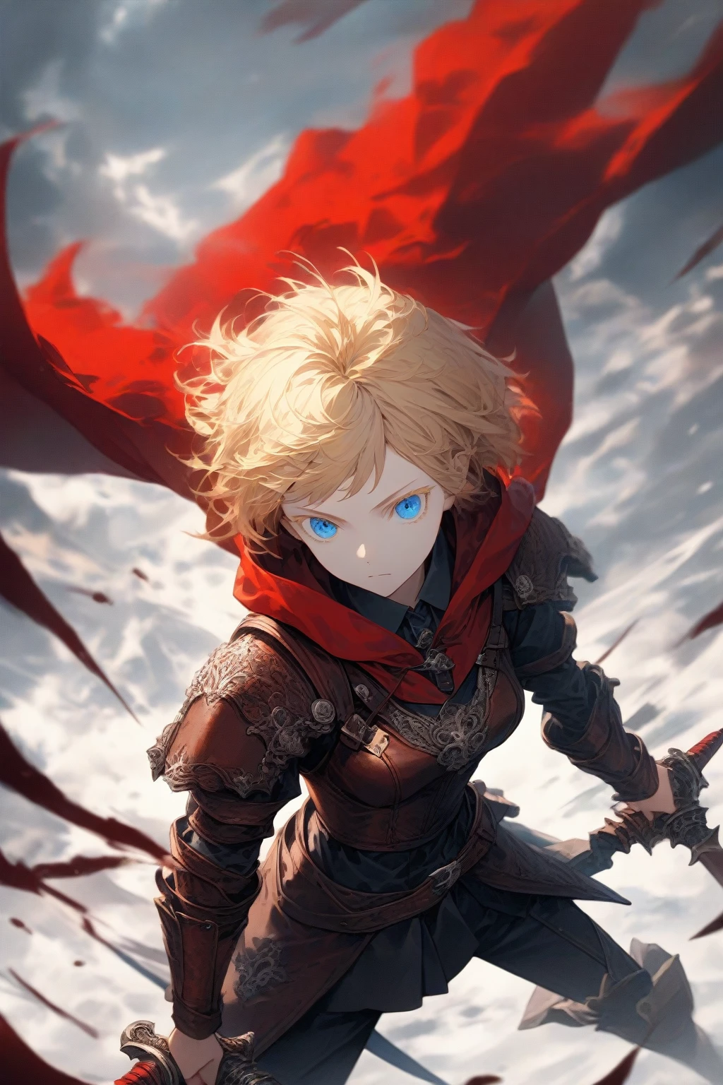 masterpiece, best quality, very aesthetic, absurdres,1girl,rating: general,(hyper detailed eyes),blonde hair,short hair,[disheveled hair],colored eyelashes,blonde eyelashes,blue eyes,(sharp eyes),(slanted eyes),choppy bangs,medium breasts,clear face,expressionless,(red hooded cloak),(leather armor),dual wielding,dagger,