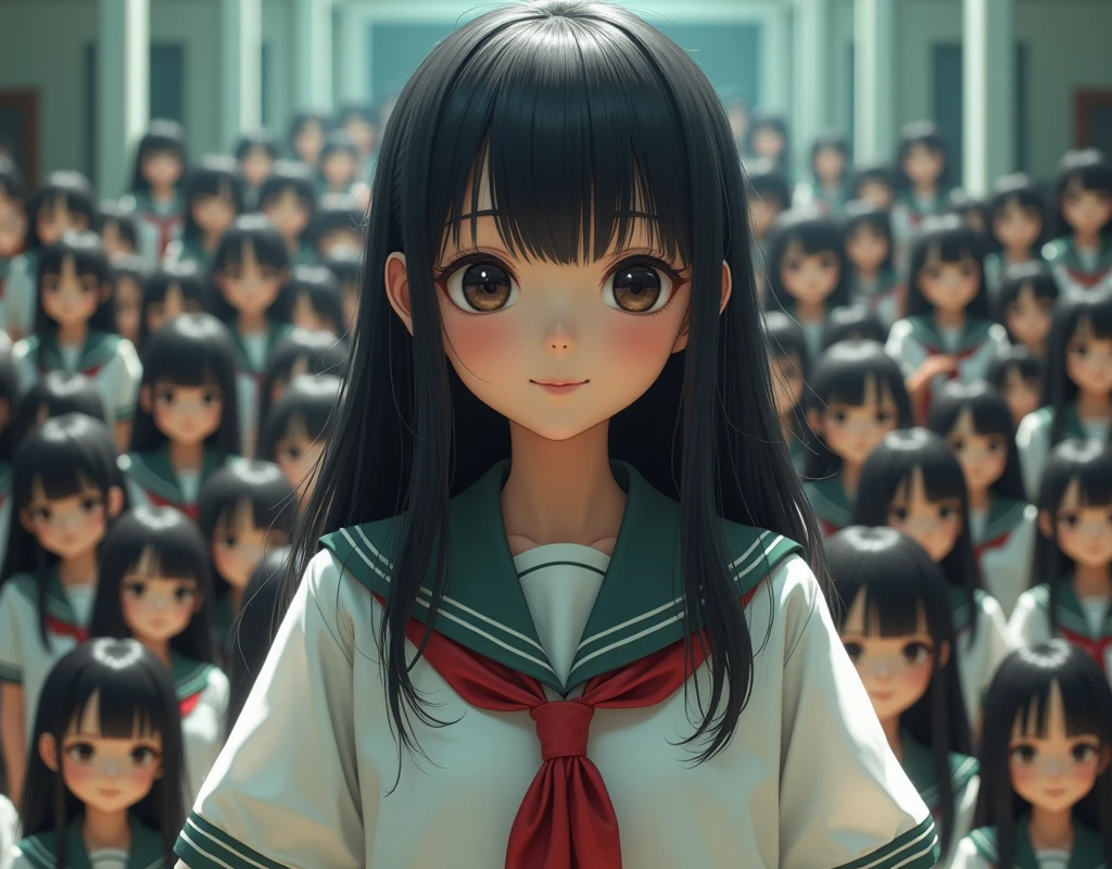 (Japanese Clone-girls=Myself), (Super Best masterpiece Clone-girls Raw Photography Art), (16K, Highest quality, Ultra-high resolution, RAW Photos), (It's so unrealistic., With unparalleled depiction, With an unfathomable sight, An unprecedented and shocking worldview, Clone-girlsMassive proliferationの世界で, Ultra-realistic), (Japanese Girls, 16yo, Small face, Thick black hair, long hair, Dark Eyes, Mature face, かわいいsmile, Smiling face, A gentle gaze, Very pleasant look), (Very beautiful detailed girls, Accurate body structure, Accurate body movements, Very detailed body, (Super big breasts, Large bulge of ample breasts)), (Schoolgirl uniform, Short sleeve, mini skirt, Emphasise the fullness of your breasts), (Very detailed, Myself cloning, Depiction of splitting oneself, 1Myself girl→1,000,000,000,000,000,000,000,000,000,000Myself cloning girls), (Very detailed and intricate, ((Myself's body is multiplying, A perfectly matched depiction, (In the same female body,With the same face, With the same hairstyle, In the same clothes, At the same height, 同じSuper big breasts)), Massive proliferation)), (Myself girls only), Academy, academic level, Commemorative photo depiction, Tiered stage photography, smile, Front view