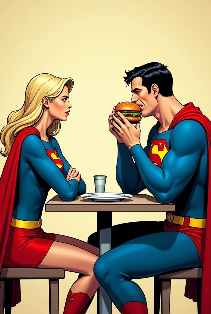 Scene 3: Super Girl Watching Super Man Eat
Prompt: Depict Super Girl sitting across from Super Man, her arms crossed and a disapproving look on her face as she watches him enjoy the burger.