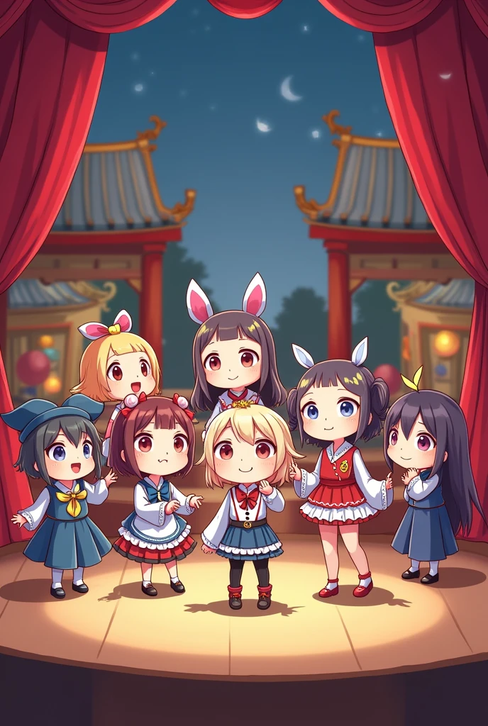 A group of people performing theater, in chibi anime style full body