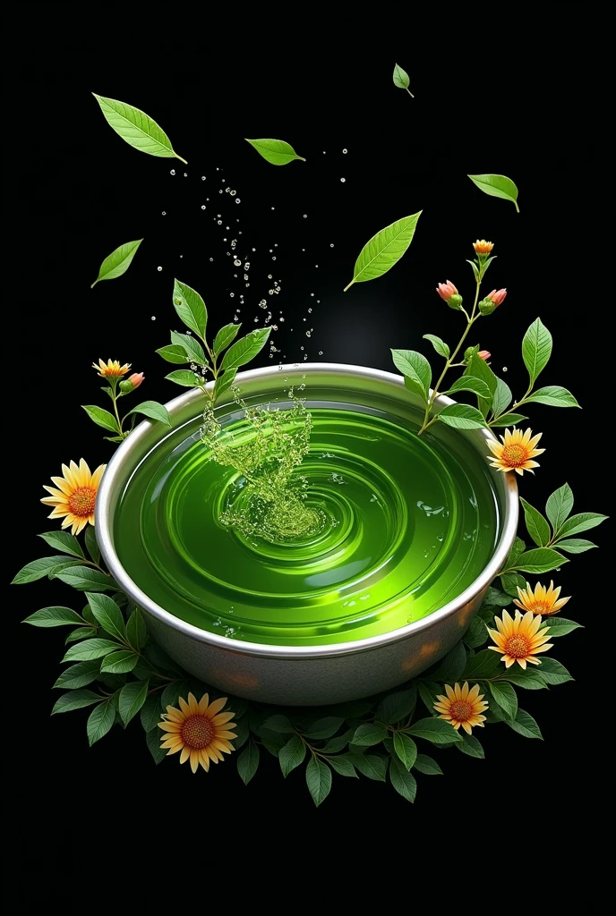 Product Design，Green tea seen from above，Silver edge bowl，Splashing green tea，Black background，Surrounded by leaves and flowers，Leaves flutter，A spectacular whirlpool on the water surface，steampunk，