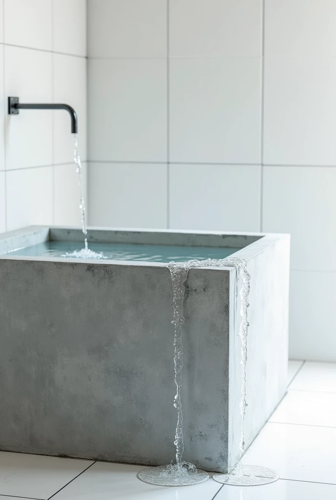 A simple exposed cement laundry tank, full of water and with drops overflowing. Show entire tank, Wall in the background has white tiles