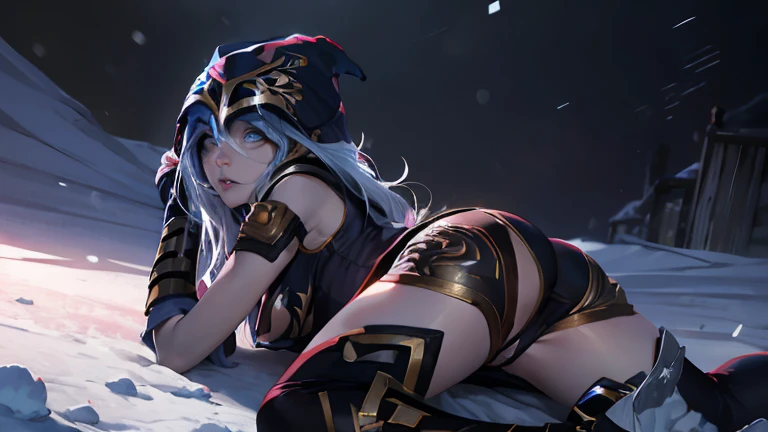 league of legends Ashe, warrior, wearing tights, her nipples shwon, camel toe, very detailed face and pretty face,heroine, breast, getting touced by enemy, lies down, legs open pose, (masterpiece, best quality), beautiful girl, badly defeated by opponents, embarrassed emotion, snow storm, legs wide open,abstract background, bright colors,  breasts, (solo), sexy face