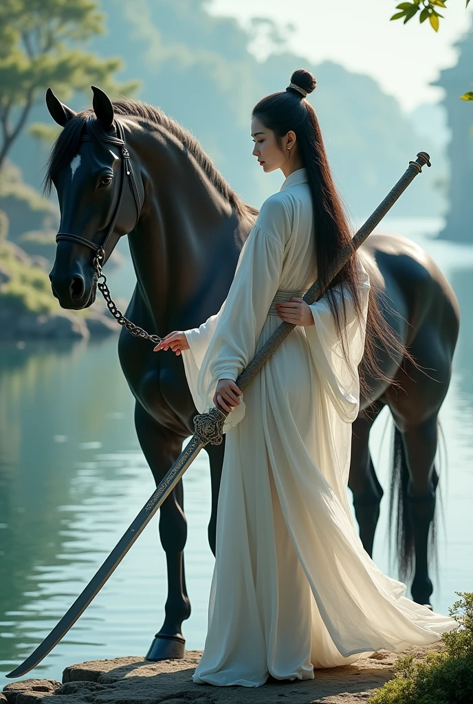 Chinese Hanfu female swordsman in white，Holding the Fang Tian Drawing Halberd，Dark horse，Waterside