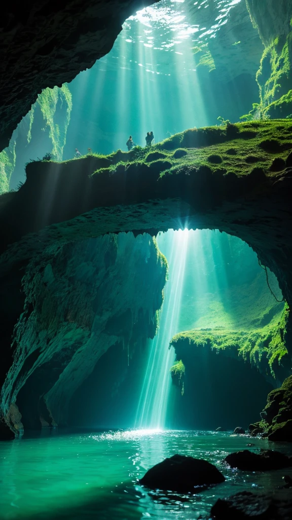 cave,Mysterious,Shining Light,Emerald green,High resolution, Cinematic light effects, Godley, high quality, Transparent water surface