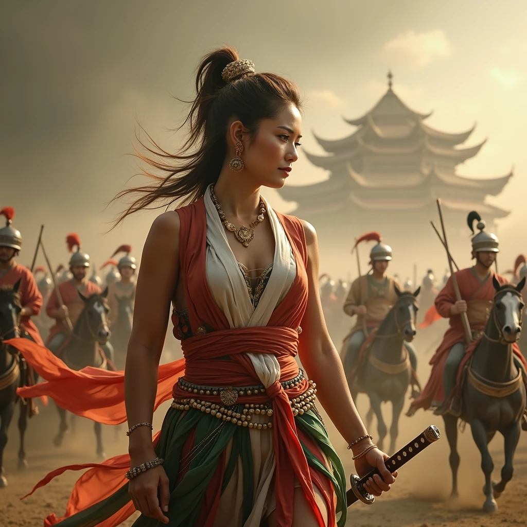 ,((with highest quality: 1.4))), (unrivaled masterpiece), (Ultra high definition), (art by Carne Griffiths), (ultra-realistic 8K CG), Official artwork, Hand holding katana,cloth cloak costume silk, red combination of green and white shawl., seen from below, (dark shot), Beautiful female warrior, Majapahit princess, , hair tied in a ponytail, flowing softly, beautiful clean face, tanned skin: 1.2, half body portrait of head to thigh, Background of Majapahit warriors riding horses, dusty background, beautiful shadows、Sunlight creates beautiful shadow gradients、Add depth to the image, (Muffled colors, muted colors, Muted Tones: 1.3), Low saturation, (Hyper Detail: 1.2), Perfect Anatomy, ,