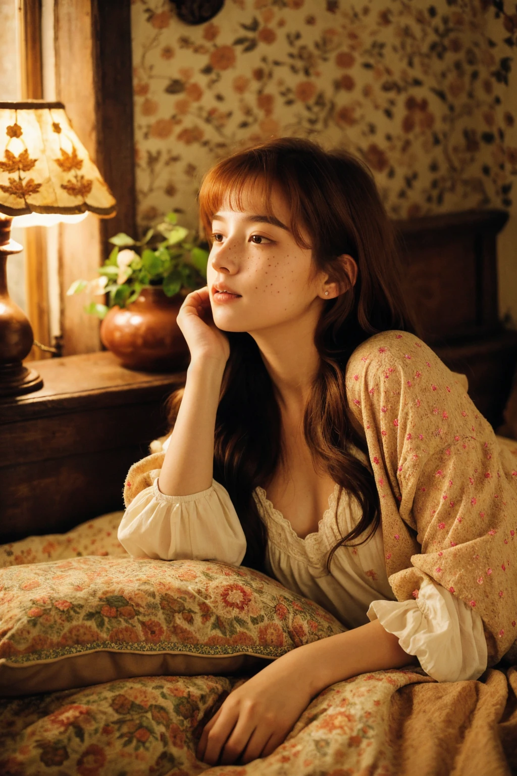 A 20-year-old woman with orange hair and freckles lying comfortably in bed, surrounded by an intimate and cozy atmosphere. The photo captures the aesthetics of goblincore, showcasing a whimsical and earthy vibe. The woman's eyes sparkle with curiosity and mischief, drawing the viewer into her enchanting world. The soft, diffused lighting enhances the dreamlike quality of the image, adding a touch of mystery. The bed is adorned with vintage floral patterns and plush textures, creating a sense of nostalgia and warmth. The woman's freckled face exudes a natural and effortless beauty, while her tousled hair cascades gently on the pillow. The room is filled with a collection of unique and peculiar items that reflect the goblincore aesthetic, including mushrooms, dried flowers, and antique trinkets. The photo captures the essence of this subculture's appreciation for the beauty in the unconventional and the magical. The colors are rich and earthy, with warm tones that evoke a sense of comfort and coziness. With the highest quality and ultra-detailed rendering, this masterpiece transports viewers into an enchanting world where goblincore aesthetics reign supreme.
(photo,20-year-old woman with brown hair and freckles lying in bed,goblincore,aesthetics),ultra-detailed,(best quality,highres,masterpiece:1.2),soft diffused lighting,vintage floral patterns,collection of unique and peculiar items,mushrooms,dried flowers,antique trinkets,natural beauty,tousled hair,cascading gently on the pillow,warm and earthy colors,cozy atmosphere,whimsical vibe,sparkling eyes,intimate and dreamlike.