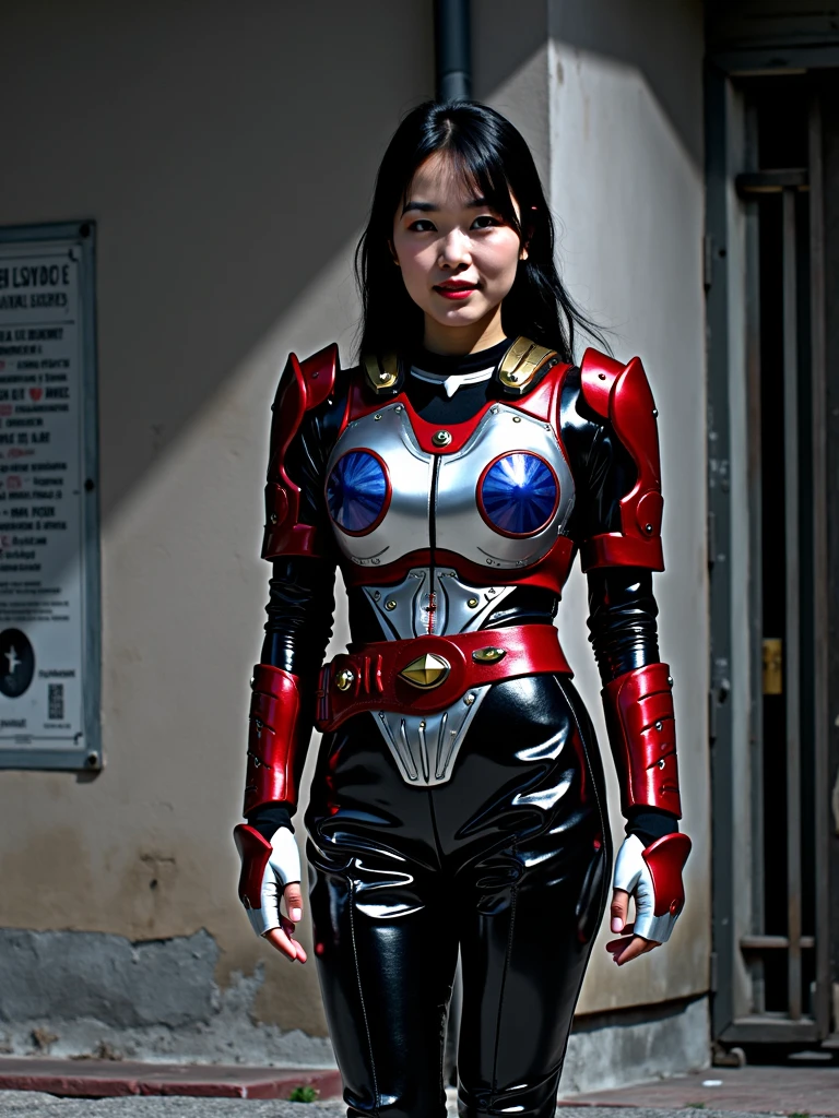 A beautiful 2  former idol Japanese woman wearing red and silver metallic powered armor is standing with a smile。High quality images。