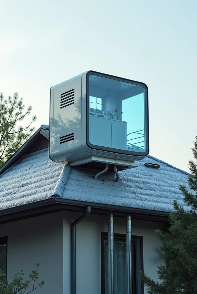 (photorealism1:2) water filter, installable in houses, innovative design, rainwater collector, installed on the roof of a house, duct system, medium-large size, connected to the drain