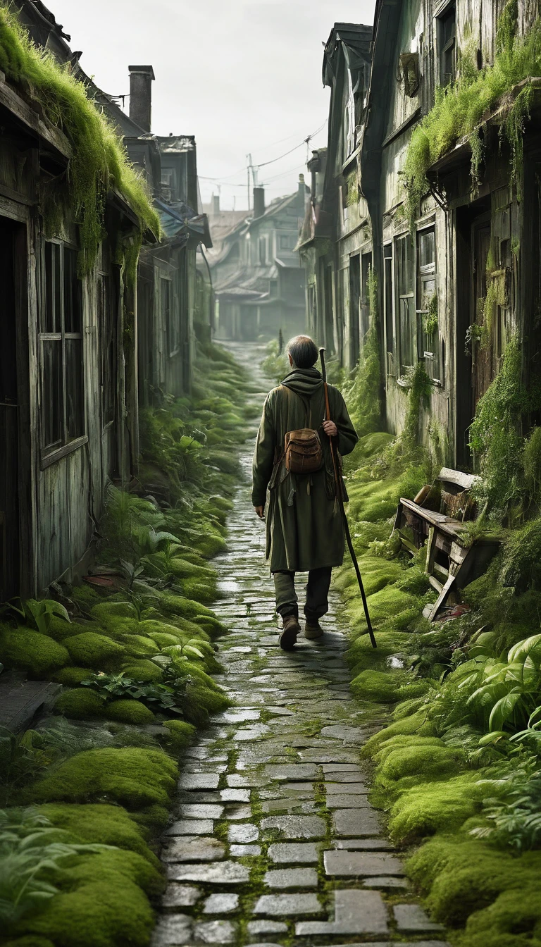 Create a multi-story city. Absolutely empty with many plants and mosses on the houses. A lonely traveler walks along the road not knowing where he is going. Holding a cane in the form of a wooden stick. Everywhere everything is quiet and there is an atmosphere of emptiness.. post apocalypse. 