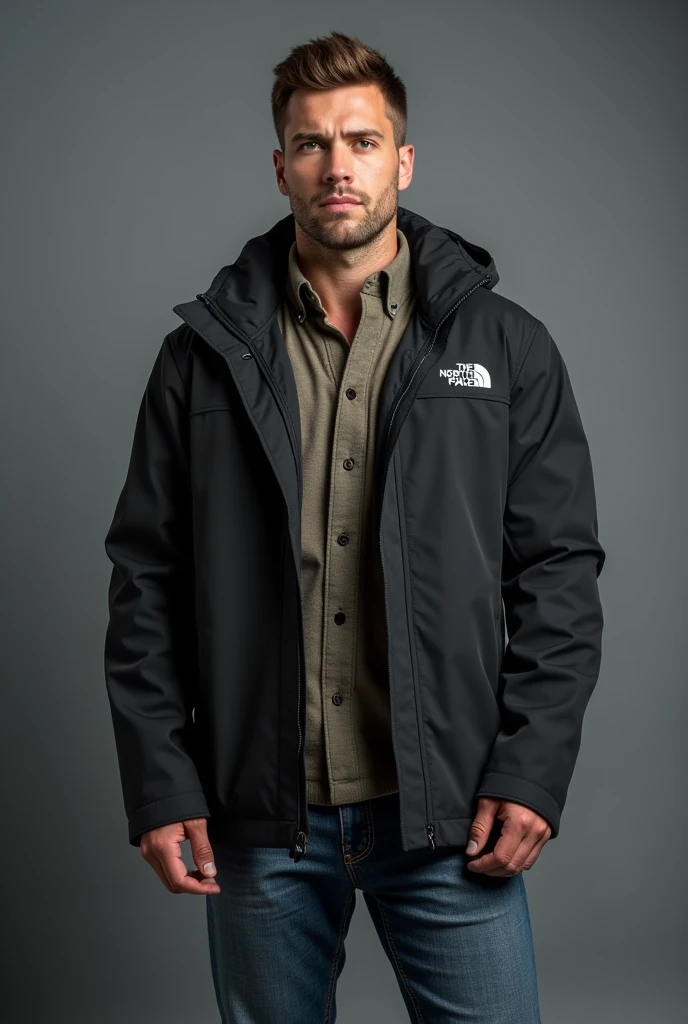 handsome man, standing straight facing forward,with a closed North Face cold weather jacket, denim jeans pants, on a greyish background. Medium camera shot.