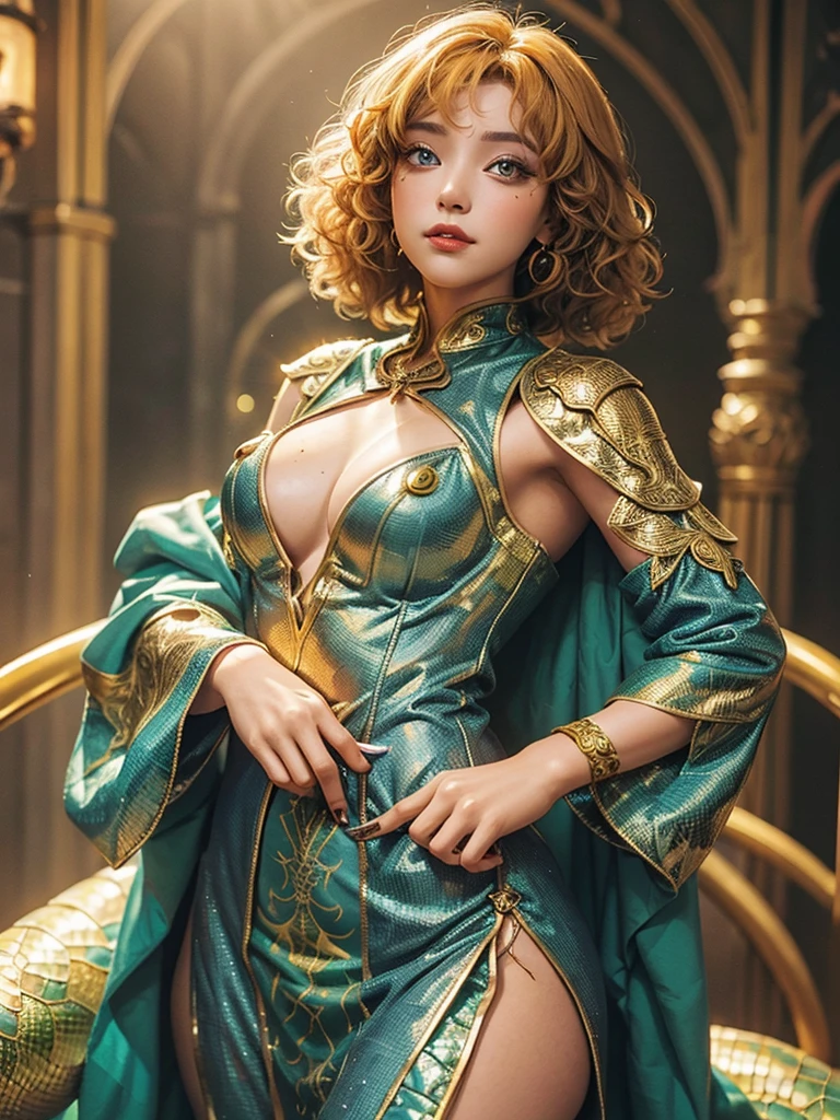 A girl with golden curly short hair, golden scales and bright rainbow eyes. She is wearing a cute slit medieval dress. She has a lizard's tail with golden scales on her back. She has a delicate orange lipstick