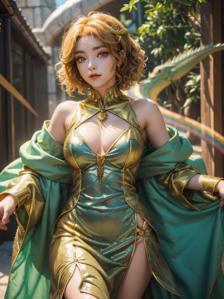 A girl with golden curly short hair, golden scales and bright rainbow eyes. She is wearing a cute slit medieval dress. She has a lizard's tail with golden scales on her back. She has a delicate orange lipstick