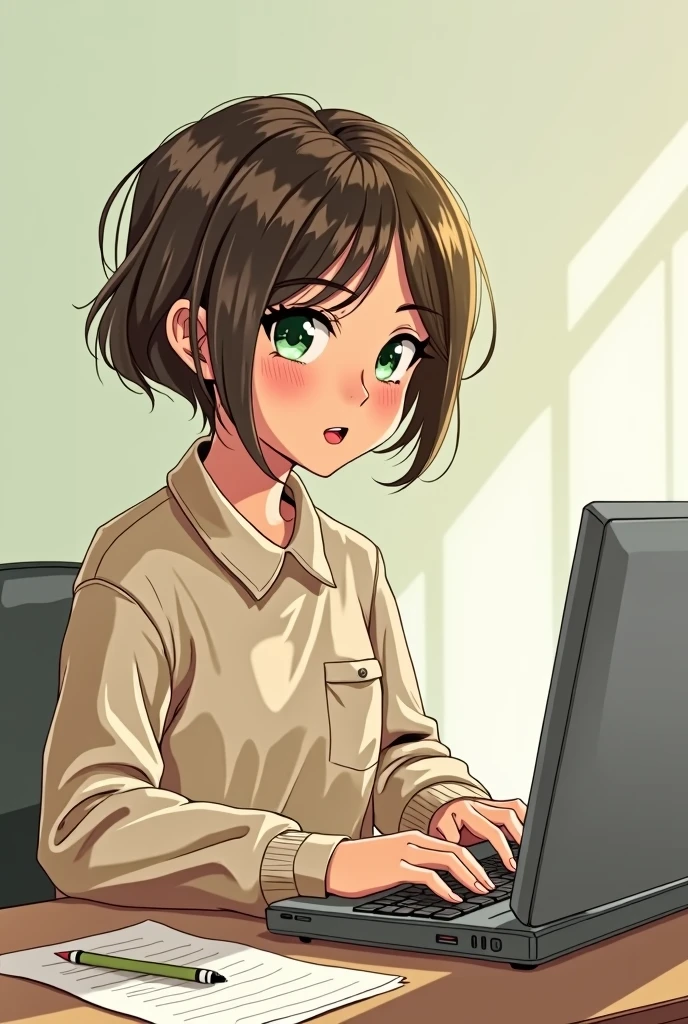 art mignon, art simple , femme, yeux vert, cheveux brun très court a la garçonne, un ordinateur sur un bureau, dessin