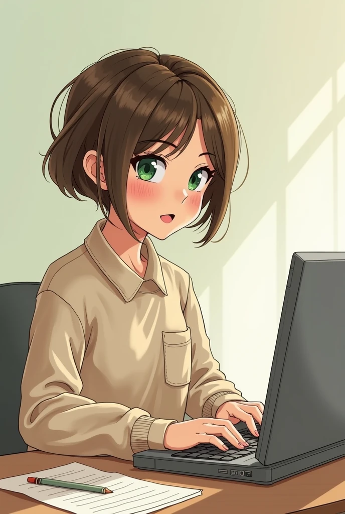 art mignon, art simple , femme, yeux vert, cheveux brun très court a la garçonne, un ordinateur sur un bureau, dessin