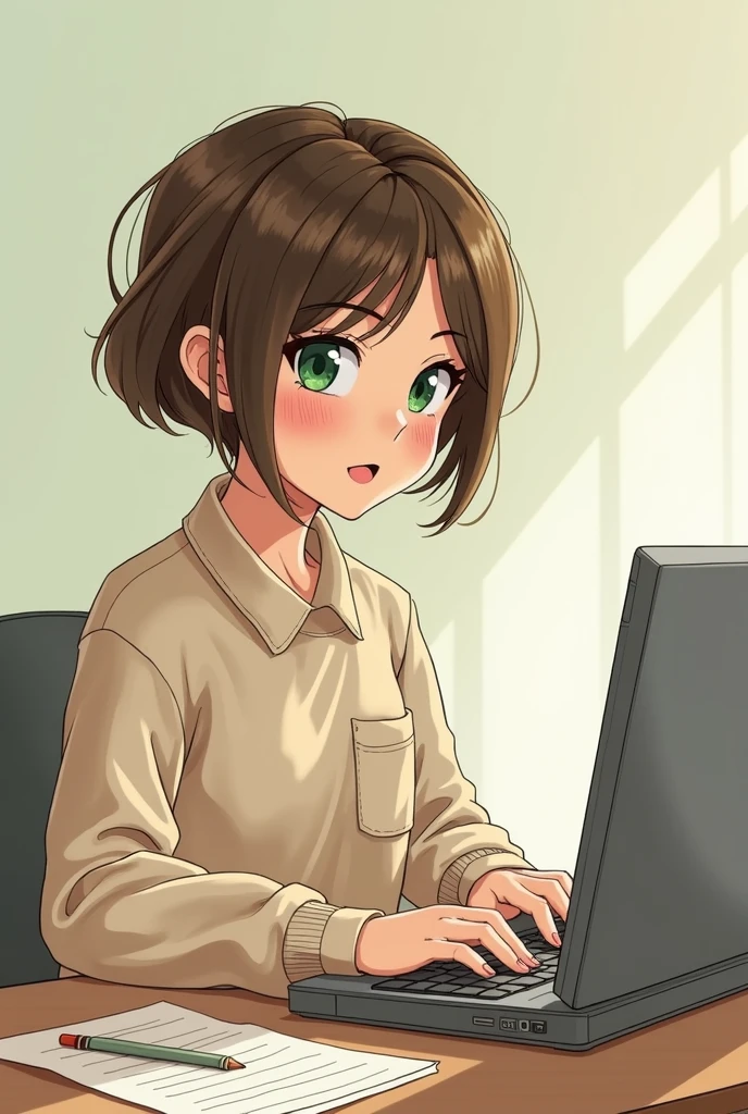 art mignon, art simple , femme, yeux vert, cheveux brun très court a la garçonne, un ordinateur sur un bureau, dessin