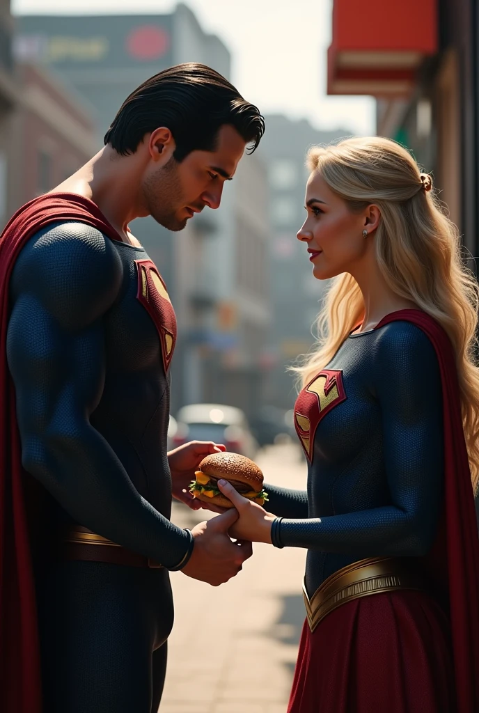 Scene 4: Super Man Apologizing to Super Girl
Prompt: Show Super Man looking apologetic and sheepish as he reaches out to offer the remaining burger to Super Girl, who is accepting it with a forgiving smile.