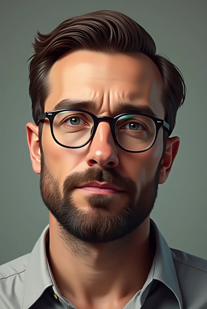 white man with short brown hair, barba, rounded glasses with a white touch