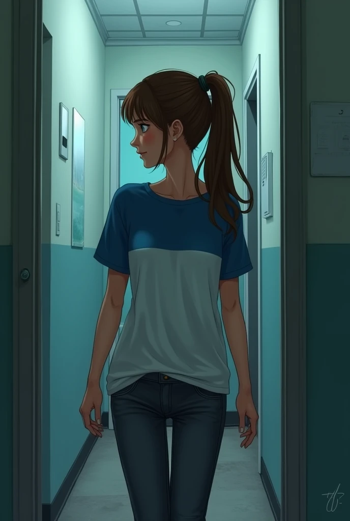 Pim, a 2 woman with a cheerful and positive demeanor, has long brown hair tied in a ponytail. She wears a blue and white shirt with dark gray jeans. She believes in the good and often thinks that the world is full of hope and beauty. She walked down the dormitory stairs to go to the bathroom. The event made her feel uneasy. As she walked past the old stairs, the footsteps she had heard before became more pronounced, as if something was following her. When she opened the bathroom door, she found that it was locked from the inside and there was a musty odor she had never encountered before. The camera angle is from behind the character.
