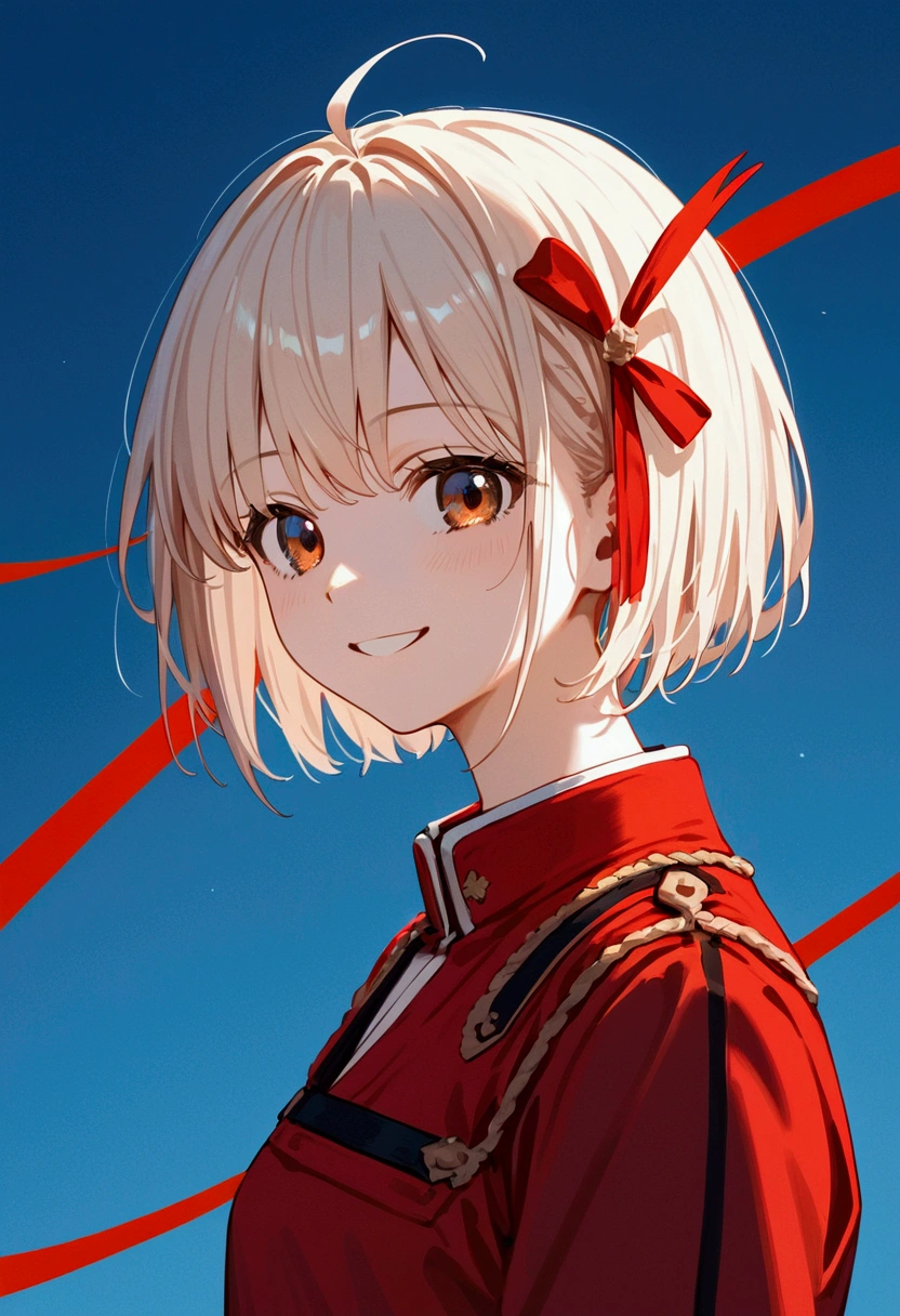 score_9, score_8_up, score_7_up, rating_safe, masterpiece, best quality, very aesthetic, absurdres, Chisato, One person, bangs, short hair, smile, alone, Mid-chest, Red uniform, 