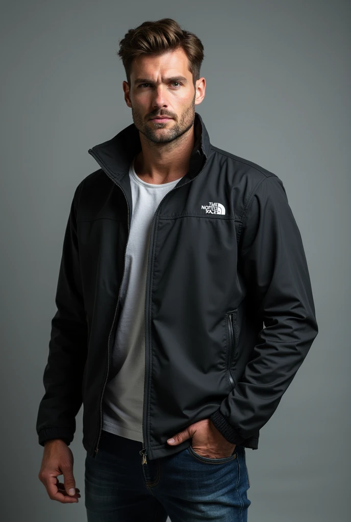 handsome man, standing straight facing forward,with a closed North Face cold weather jacket, denim jeans pants, on a greyish background. Medium camera shot.