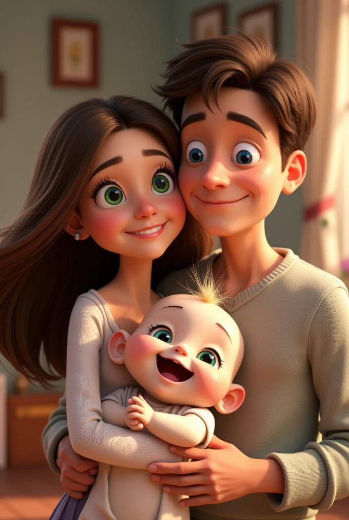 Pixar white woman with brown hair and green eyes happy hugging white baby with blue eyes and long hair happy next to white man with blue eyes pixar