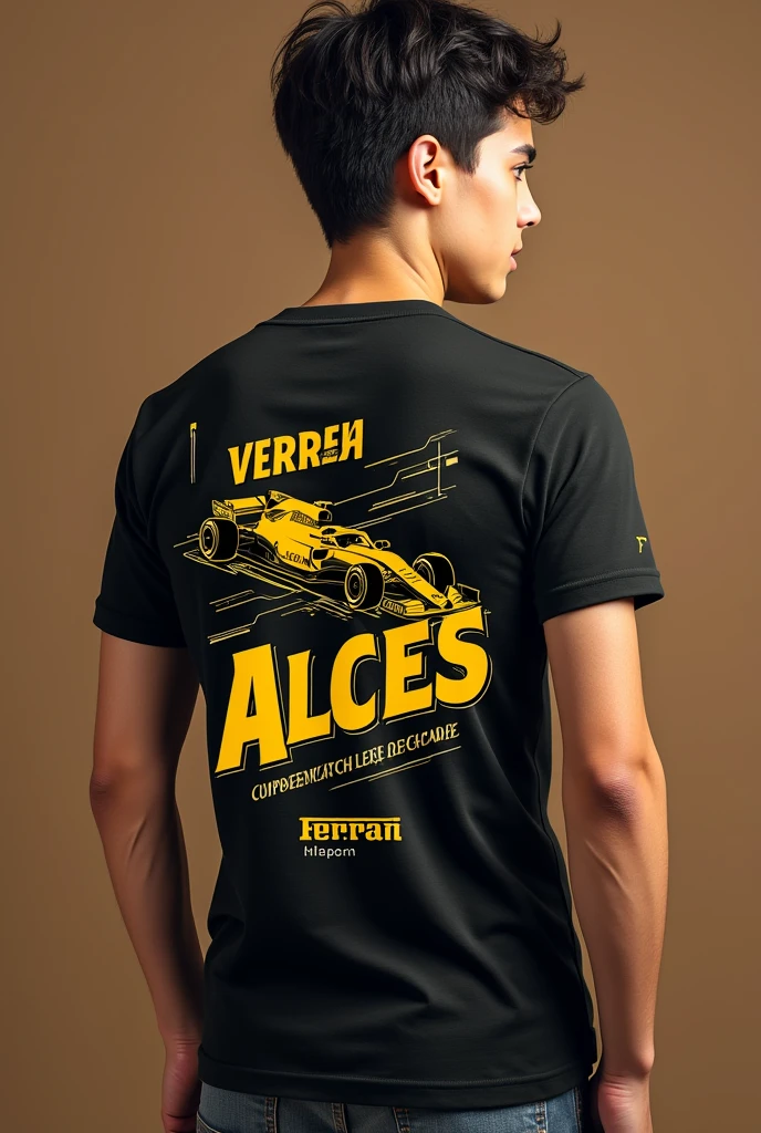 A mocha full t shirt design for computer engineering, ALCES is the name of our department. more details front and back design. And make the design have a connection with my course which is computer
A gen z style. Make it inspired by F1 Ferrari black and yellow shirt new uniform
Front and back design