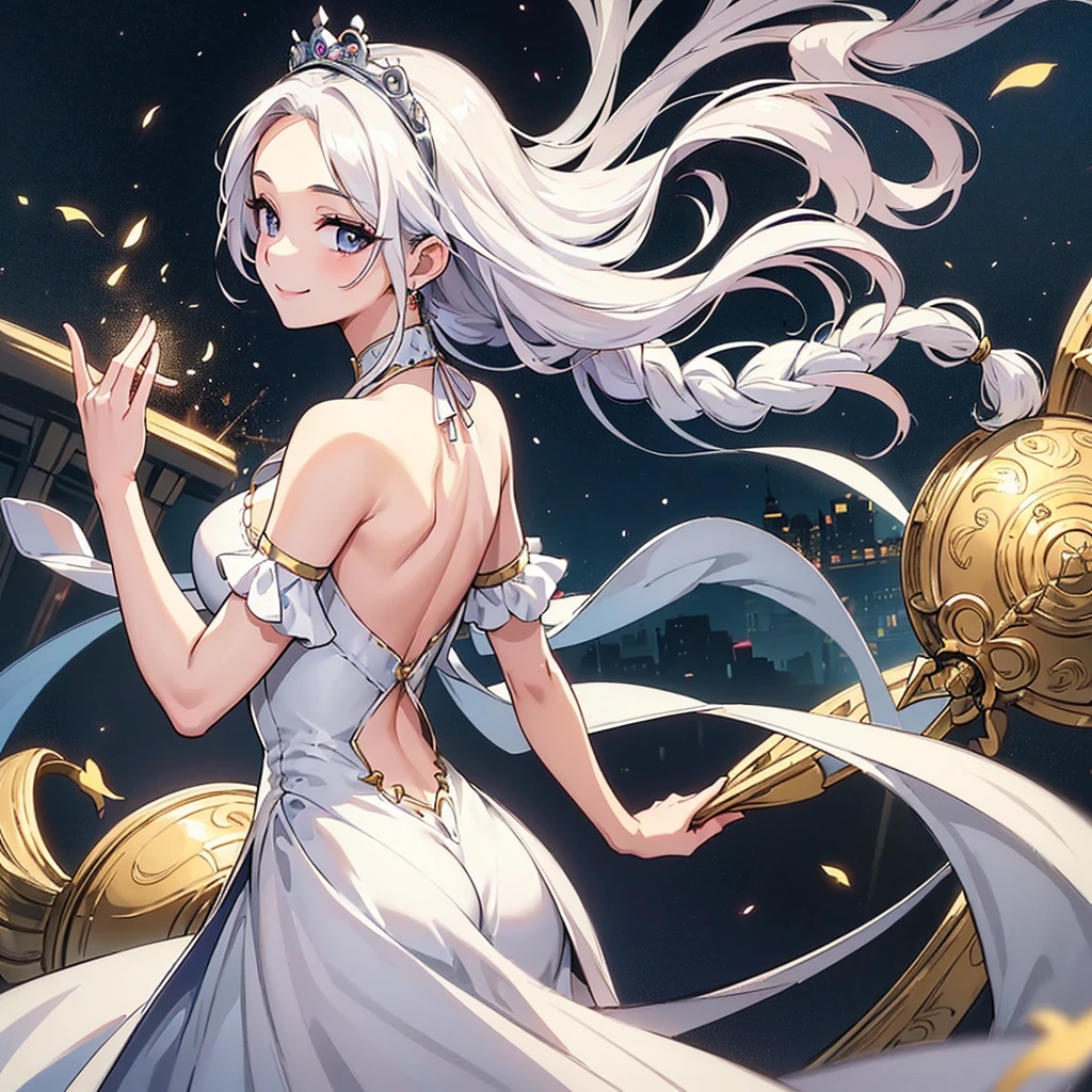 ((((Solo))))、(((((From the back、back view、Rear view))))、Highest quality, Best Quality、middle ages、(((白いGorgeous dress))、(Mature Woman、Mother、40 years old)、(White Hair、Middle Reason、Does not touch the forehead、Dumpling、Braid)、(princess、Queen of the West)、(Gorgeous dress、Shoulder)、tiara、(city)、wave hands、(White background)、(smile)