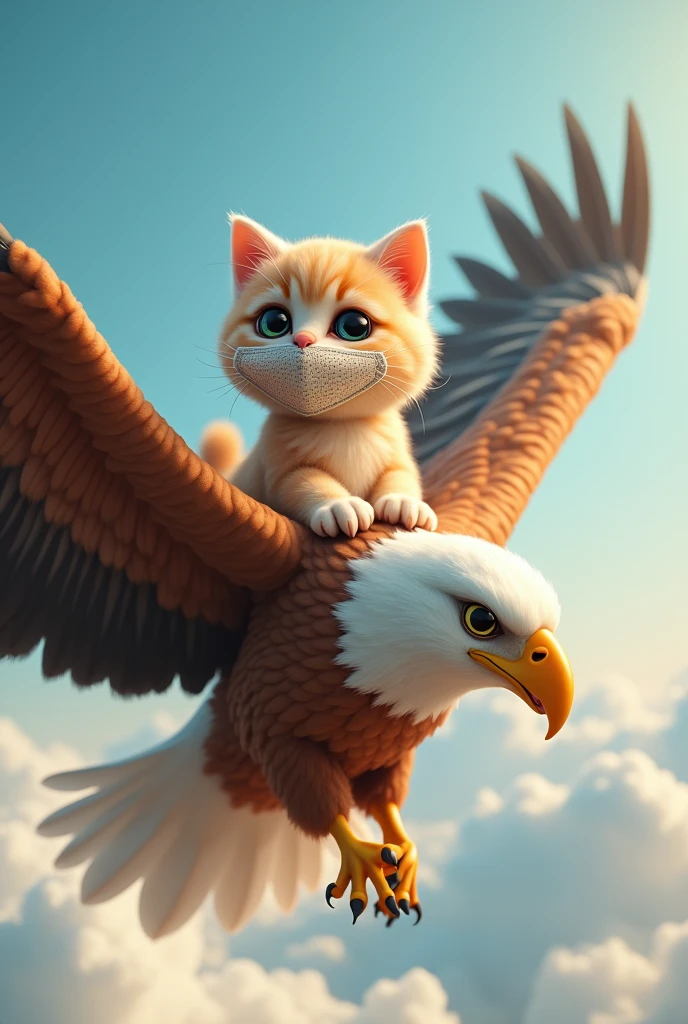 
cute cat wearing a mask riding an eagle
