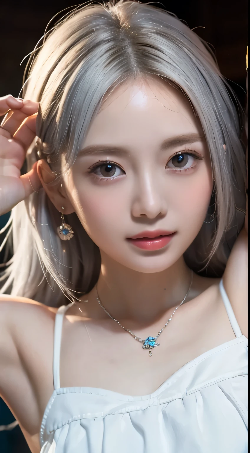 (masterpiece, best quality:1.4), elegant pose, Beautiful girl, (Violets and:1.2), gardenia, (close up of face, gray hair, Cinch waist elegance white dress:1.3), official, tiara, necklace, earring, 8k, 50mm figure, 1, RAW photos, absurd, delicate girl, big bust, thin arms, Very thin waist, (laugh:0.5), dslr, Reflecting elegance, Face light, sunny lighting, film grain, chromatic aberration, (Palace Dance Hall:1.2), simple background, Blue Sapphire