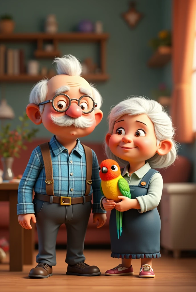 a chubby old man with white hair and a blue checkered shirt with suspenders and a chubby old woman with white hair holding a colorful bird, 3D cartoon style, cinematic