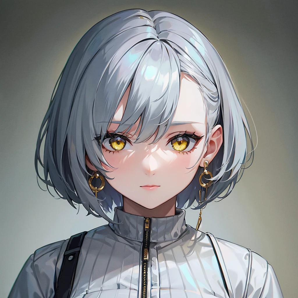 1 girl, a high resolution, short hair, White hair, earrings, Yellow eyes with a pattern.