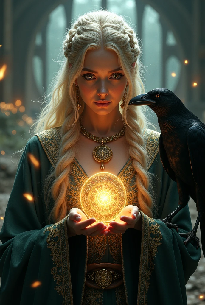 intricate detailed portrait of a sexy celtic witch, blonde hair in braids, casting  a spell, wolf and raven, dramatic lighting, fantasy, hyperrealistic, octane render, 8k, cinematic, award winning, highly detailed, ornate, ethereal, enchanting, mystical, photorealistic, elegant, chiaroscuro, dramatic contrast, moody, atmospheric