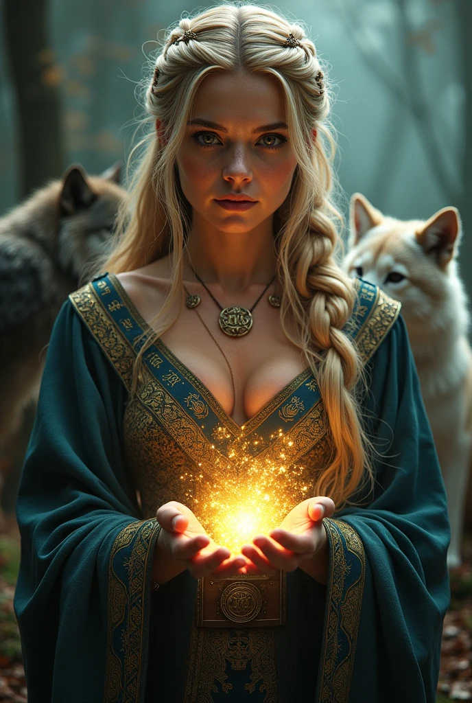 intricate detailed portrait of a sexy celtic witch, blonde hair in braids, casting  a spell, wolf and raven, dramatic lighting, fantasy, hyperrealistic, octane render, 8k, cinematic, award winning, highly detailed, ornate, ethereal, enchanting, mystical, photorealistic, elegant, chiaroscuro, dramatic contrast, moody, atmospheric