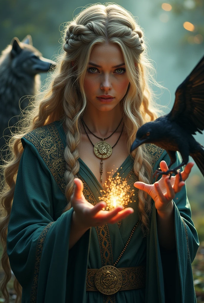 intricate detailed portrait of a sexy celtic witch, blonde hair in braids, casting  a spell, wolf and raven, dramatic lighting, fantasy, hyperrealistic, octane render, 8k, cinematic, award winning, highly detailed, ornate, ethereal, enchanting, mystical, photorealistic, elegant, chiaroscuro, dramatic contrast, moody, atmospheric