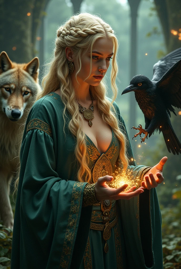 intricate detailed portrait of a sexy celtic witch, blonde hair in braids, casting  a spell, wolf and raven, dramatic lighting, fantasy, hyperrealistic, octane render, 8k, cinematic, award winning, highly detailed, ornate, ethereal, enchanting, mystical, photorealistic, elegant, chiaroscuro, dramatic contrast, moody, atmospheric