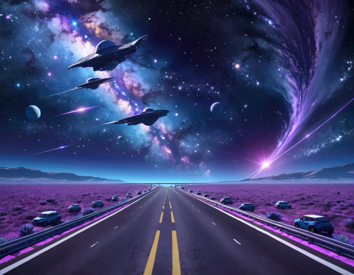 There is a MINI SUV on a straight highway in space heading into the distance animation 4K blue and purple colors