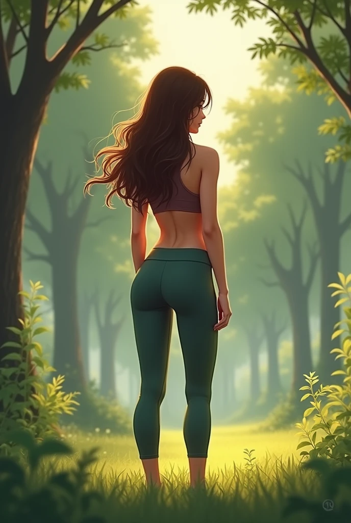 girl, brown hair, wearing a yoga pants, in a park, turned around, 