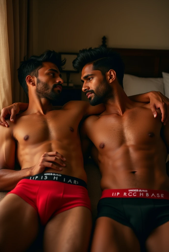 a 2 indian boy,male,black and red underwear,color lux classic company trunk underwear,one boy friend in same clothes,trunk underwear only,photorealistic,8k,highly detailed,hyperrealistic,cinematic lighting,chiaroscuro lighting,dramatic lighting,warm color palette,natural skin tones,muscular in home 🏠