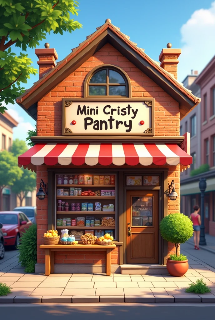 Generates an image of a second level store, on the sidewalk a brown floor, the facade with its roof, and in front it says Mini Cristy Pantry