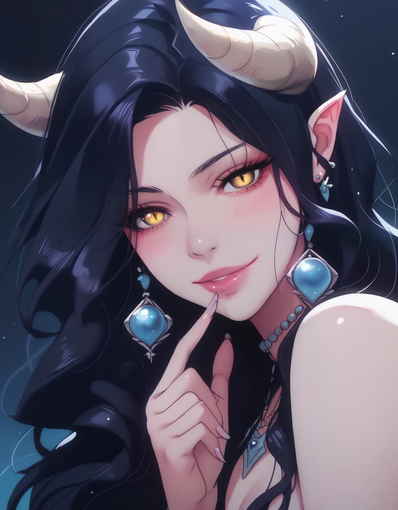 A demonic and seductive looking anime character, with black wings, long dark flowing hair, bright golden eyes, and curved horns like those of a ram. has pale skin, a mischievous smile and a playful and mysterious expression, holding a finger to his lips as if silencing someone. She wears a white dress with intricate detailing and gold accents, along with a blue gem on his chest. The scene is dramatically lit., with soft shadows that enhance her sharp features, as the background fades into darkness, adding an enigmatic and magical touch. The style is a mix of anime fantasy with intricate details, Capturing an intense portrait, close and dynamic