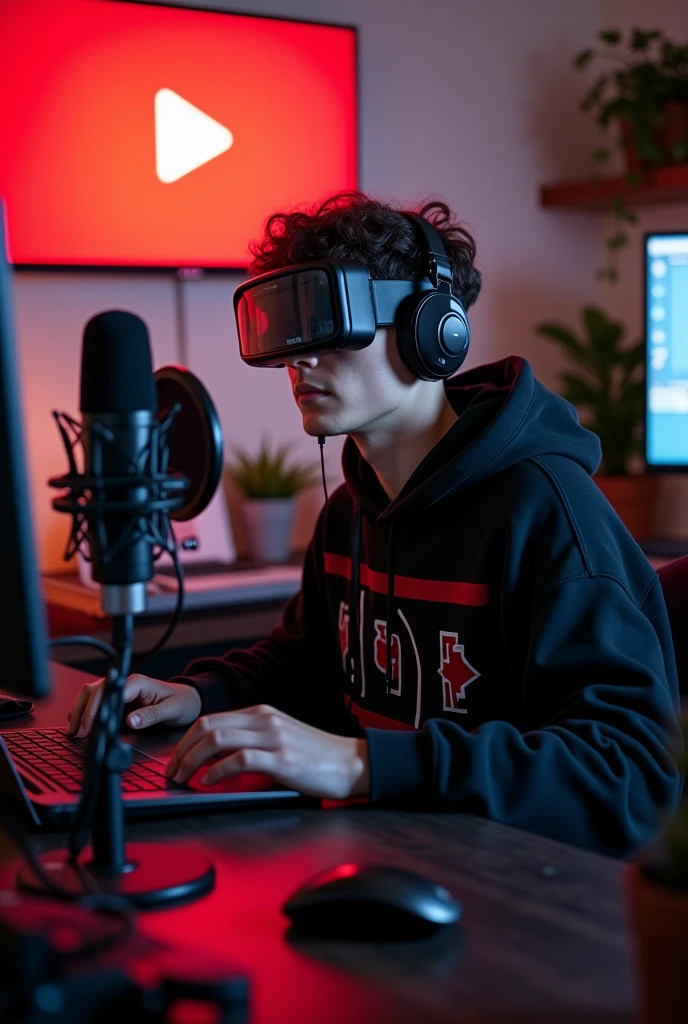 Create a image of "A 22 years man, sitting in back of a computer desk full body on camera with a microphone and laptop, wearing black and red hoodie black lens goggles with The background includes a large YouTube logo on the wall, potted plants on either side, and various recording equipment