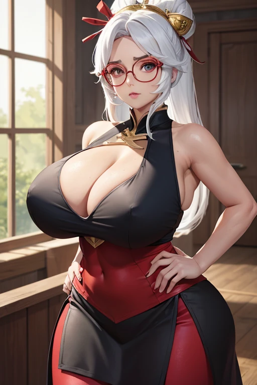 Busty, huge breasts, highres, masterpiece, perfect lighting, bloom, cinematic lighting, perfect skin, female,  (looking at viewer:1.5),solo, perfect illumination, distinct, (1girl:1.4), perfect face, detailed face,  perfect body, beautiful eyes, pretty face, soft light, (blue eyes:0.7),
bare shoulders, black skirt, upper body, 
 slim,
red glasses, hair ornament,  sleeveless shirt, black skirt, red leggings,
purah, cleavage, white hair