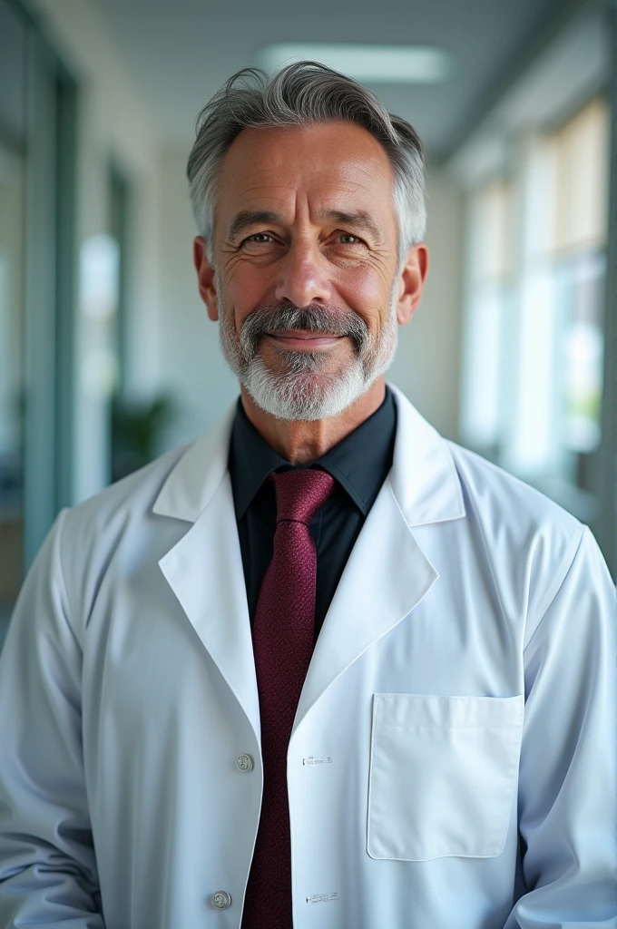 Man in a black shirt and burgundy tie and a white doctor's coat over it