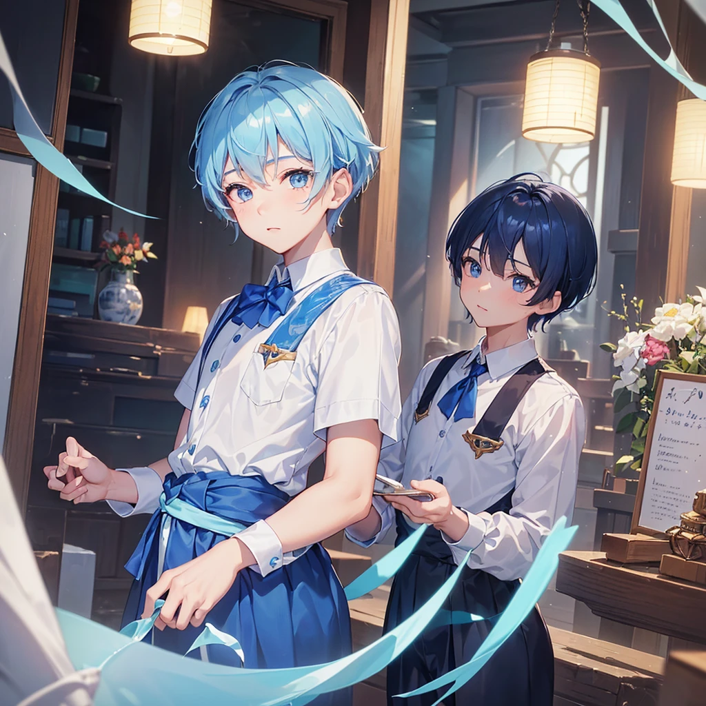 ((คุณภาพดีที่สุด)), ((ผลงานชิ้นเอก)), (รายละเอียด), 1. A cute boy with blue hair, light blue eyes, short hair, wearing a magic school uniform in a magic school.