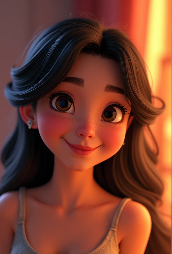 Imagem estilo pixar com personagem morena mulher cabelo, Disney makeup, cute, smiling ,close up, pixar, Disney, Cinema lighting,