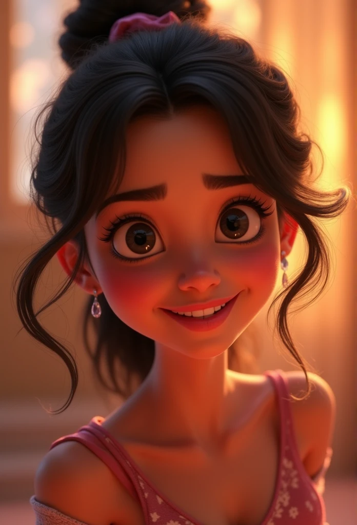 Imagem estilo pixar com personagem morena mulher cabelo, Disney makeup, cute, smiling ,close up, pixar, Disney, Cinema lighting,