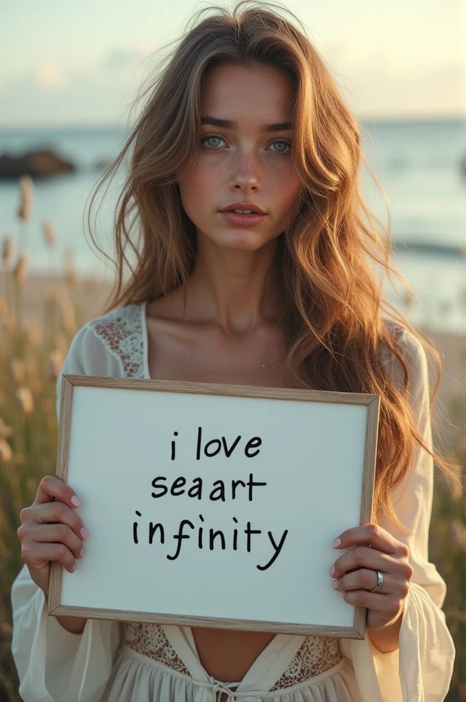 Beautiful girl with wavy long hair, bohemian dress, holding a white board with text "I Love Seaart Infinity" and showing it to the viewer